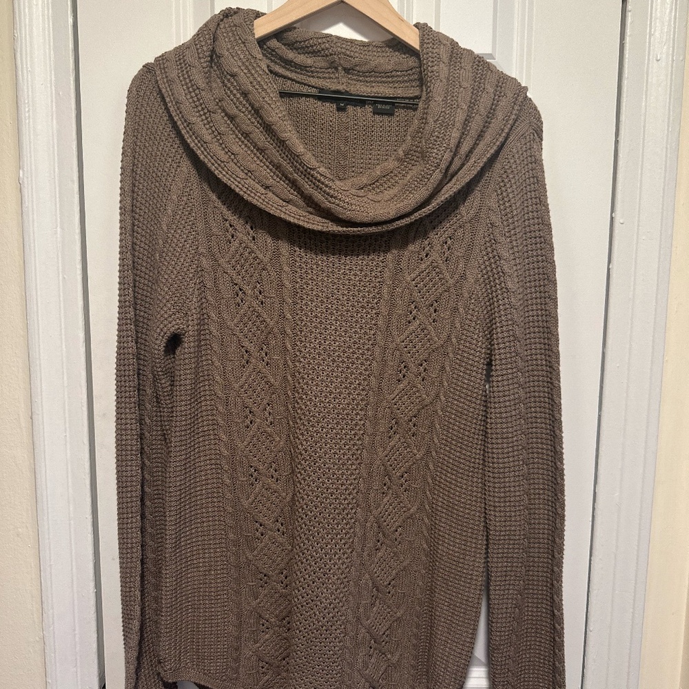 Jeanne Pierre Brown Cable-Knit Cowl Foldover Neck Brown Sweater - Medium